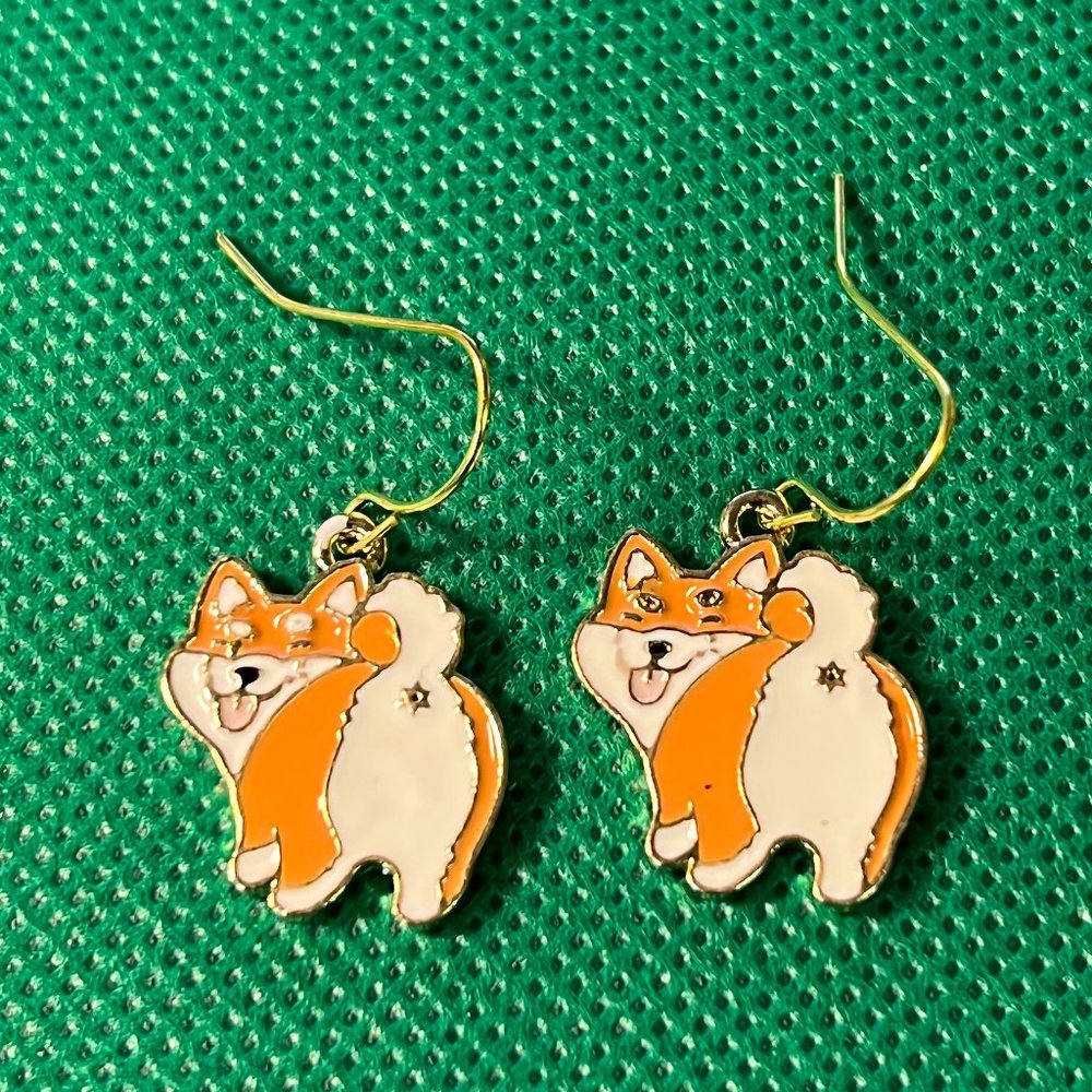 Corgi Brown and White  Dog or Puppy Gold Tone French Hook Pierced Earrings